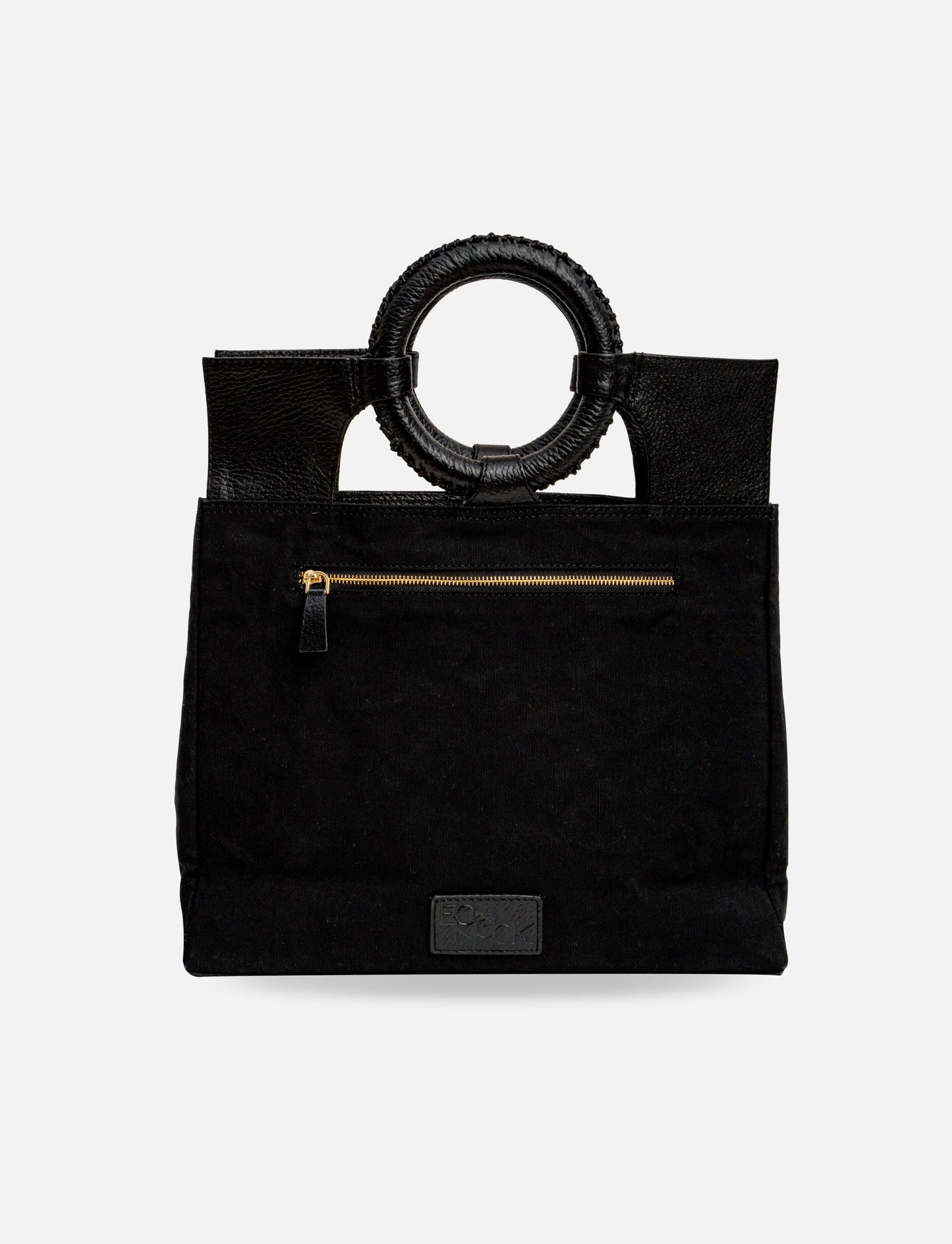 Black canvas tote bag with round leather wrapped handles and front zipper pocket