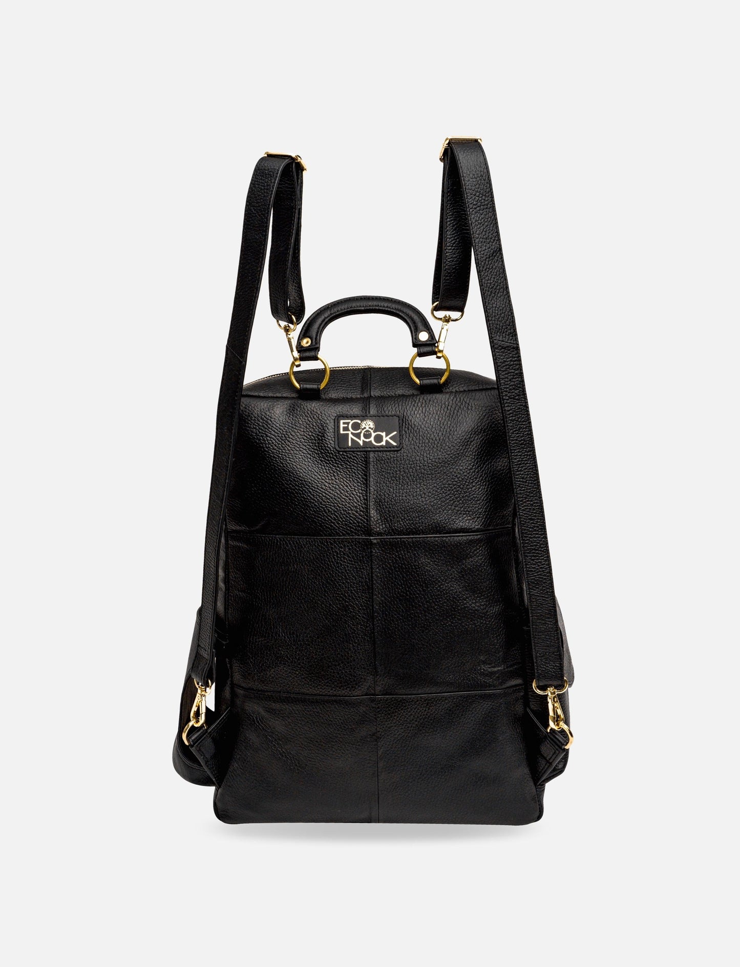 Black designer leather backpack with gold hardware and top handle