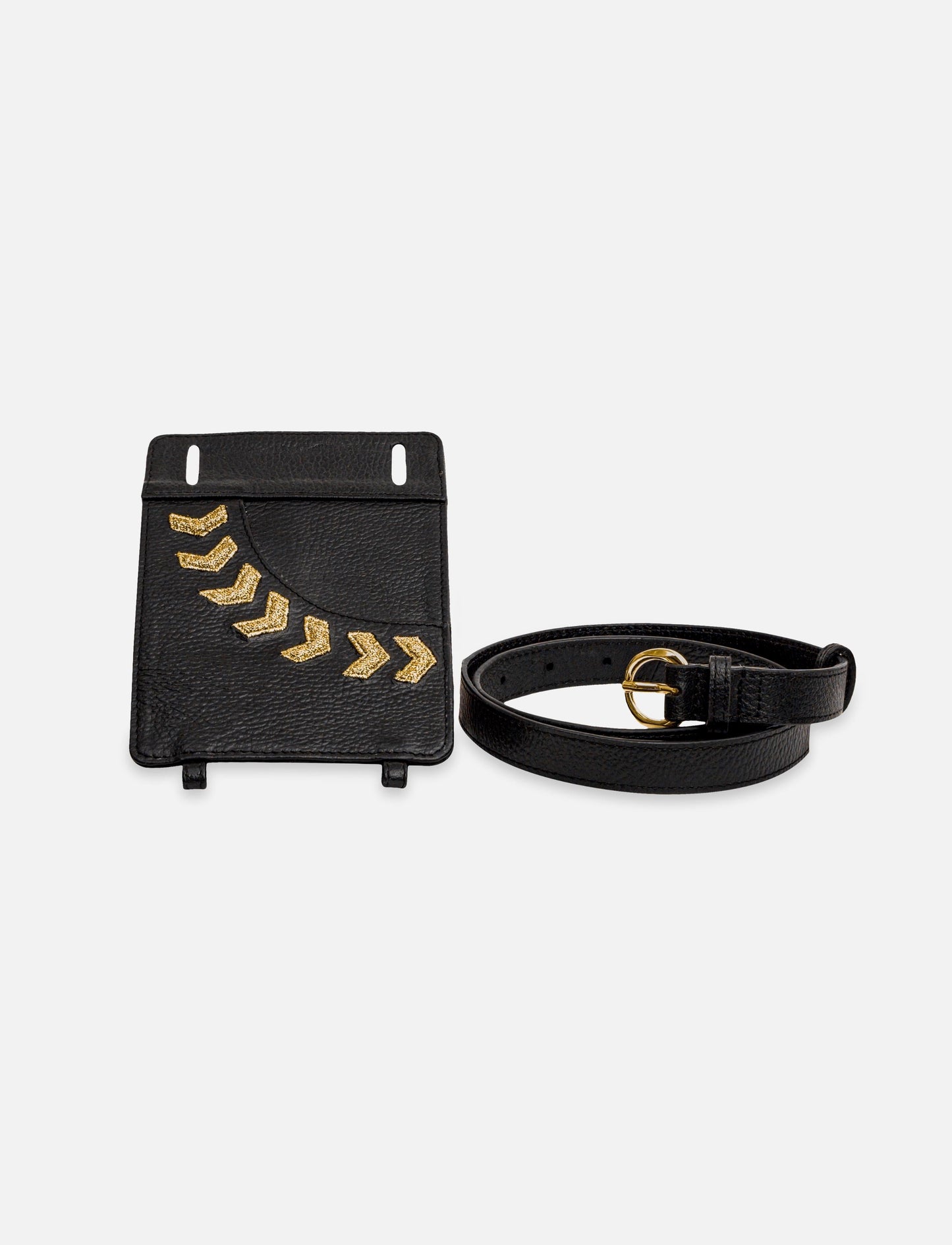 Black leather wallet with gold arrow embroidery and black leather belt with gold buckle on white background