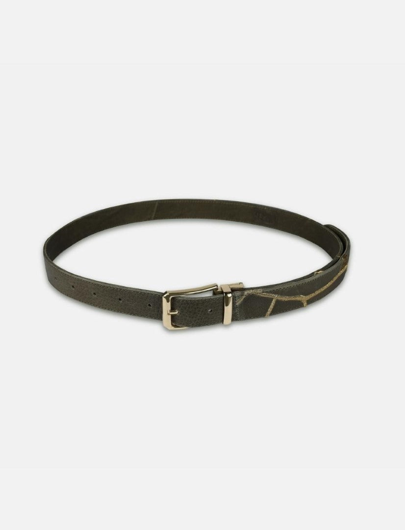 Timeless olive green leather waist belt with gold embroidered detail and adjustable buckle
