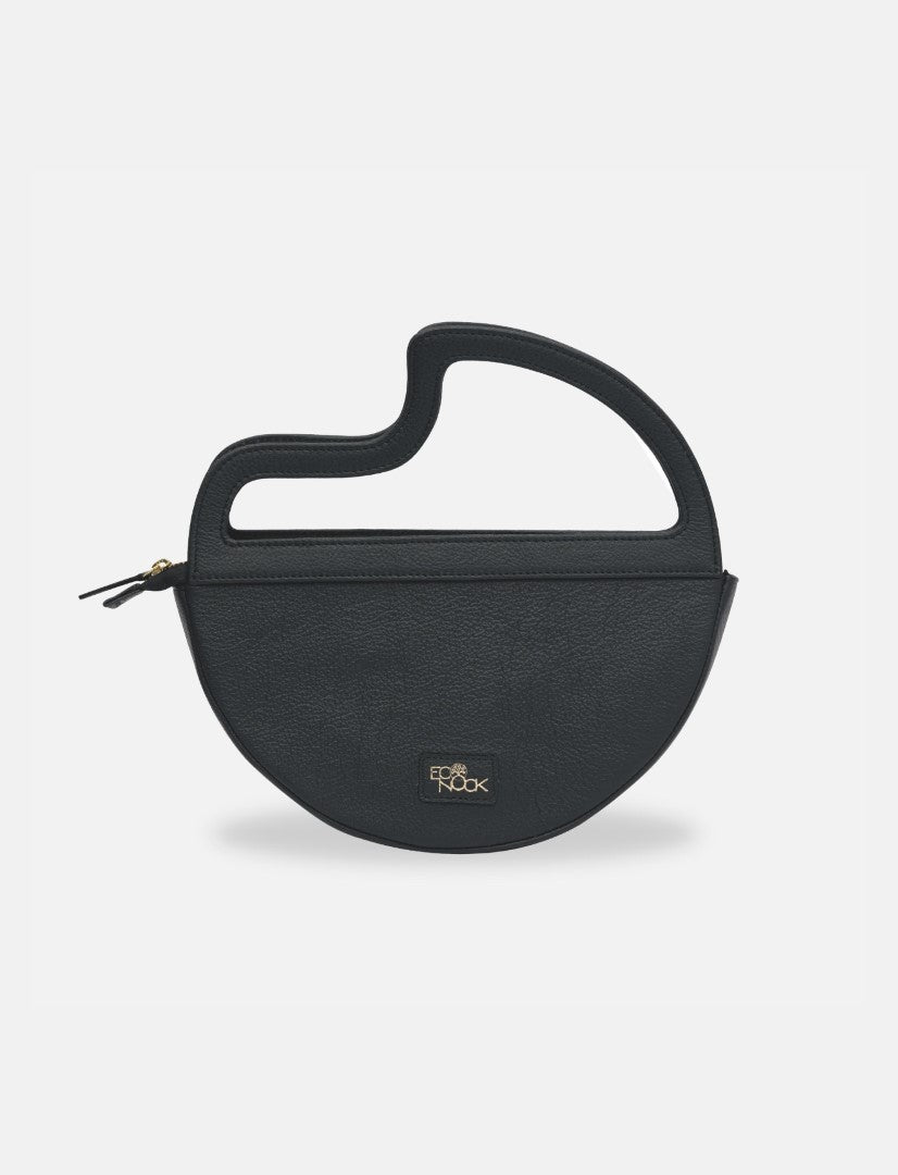 Black semi-circle leather clutch bag with unique handle and gold logo on white background