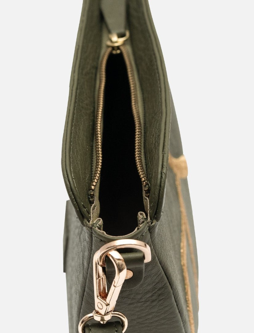 Close-up of Timeless Olive Maeve Sling Bag made from upcycled leather with gold zipper and clasp