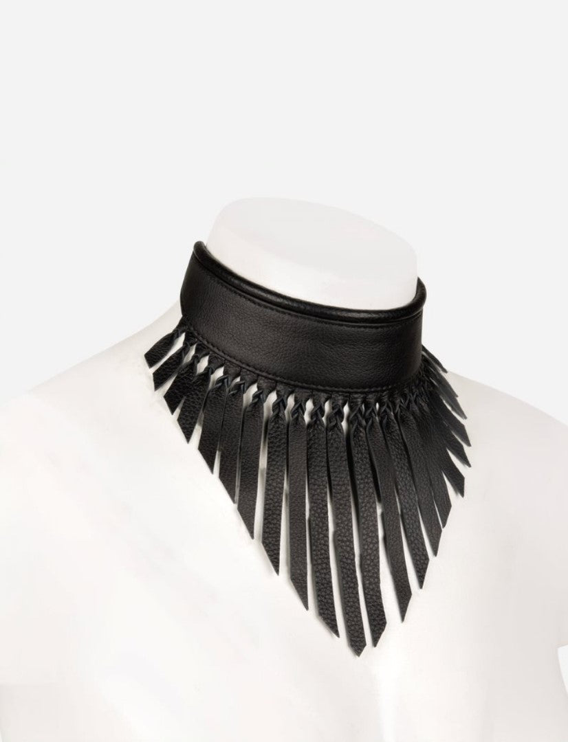 Black leather choker necklace with fringe detail on white mannequin bust