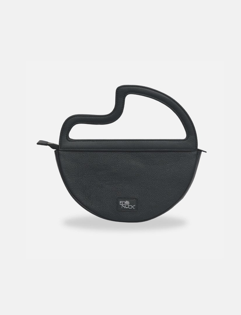 Black Neo Clutch Bag with unique handle design, textured finish, and Eco Nook logo on front