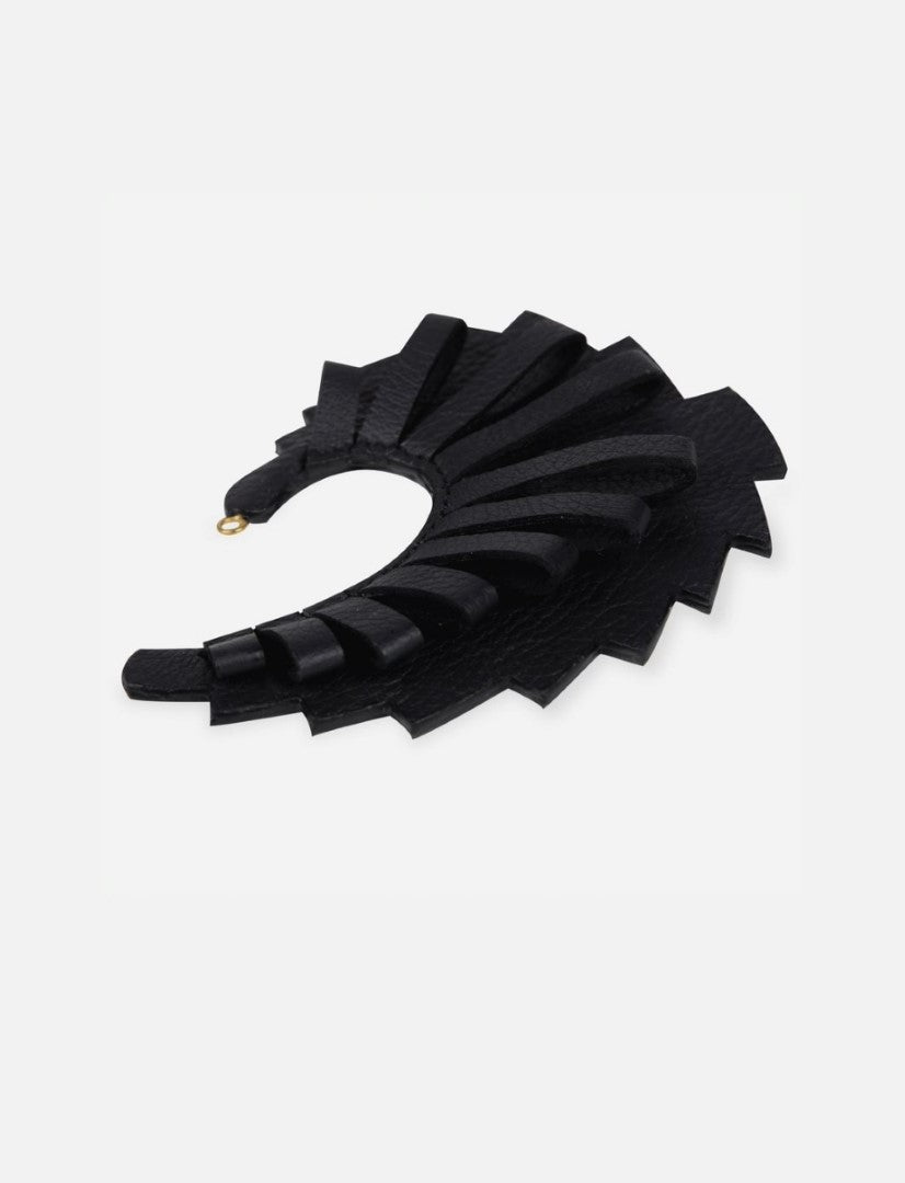 Black leather adjustable earcuff with layered, fan-shaped design and small gold detail