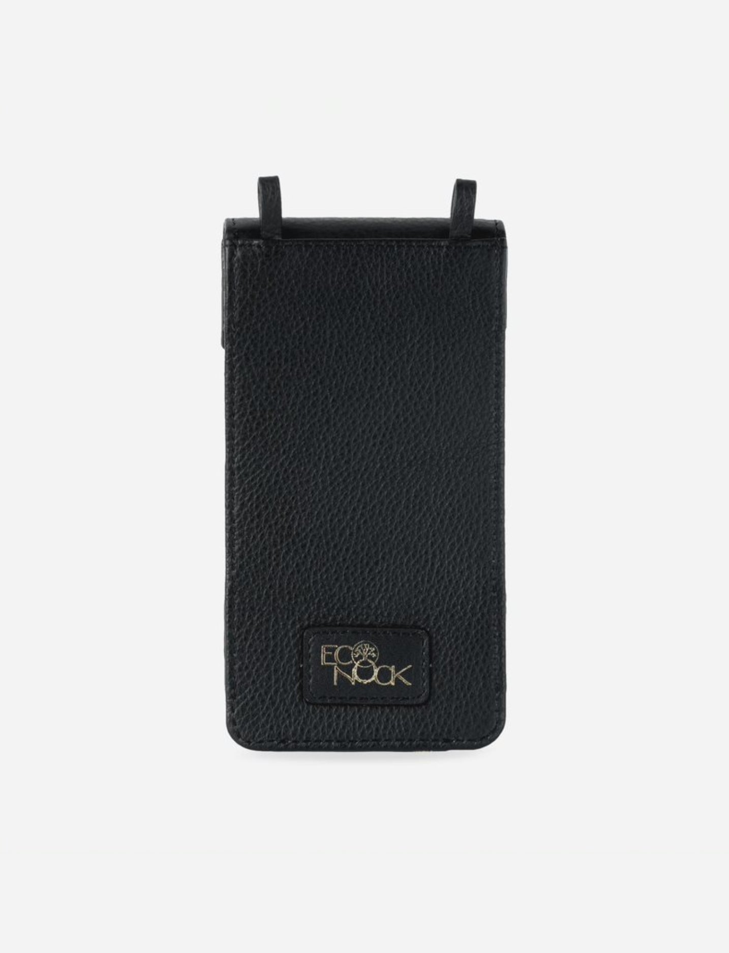 Black upcycled leather phone sling with EcoNook gold embroidered logo on white background