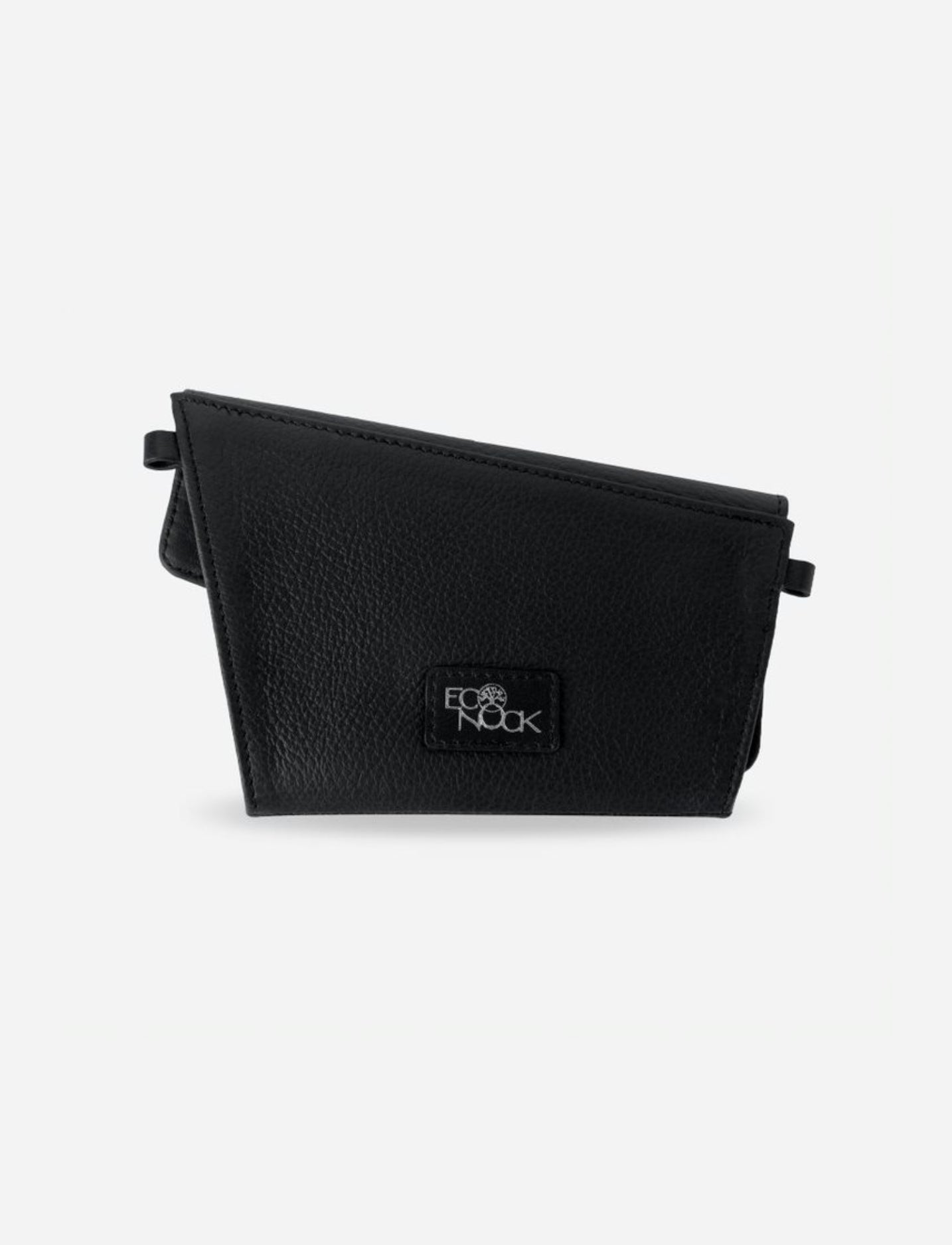 Black textured trifold leather wallet with EcoNook logo patch on front