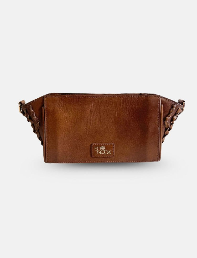 Timeless tan leather wristlet with woven sides and EcoNook embossed logo on front