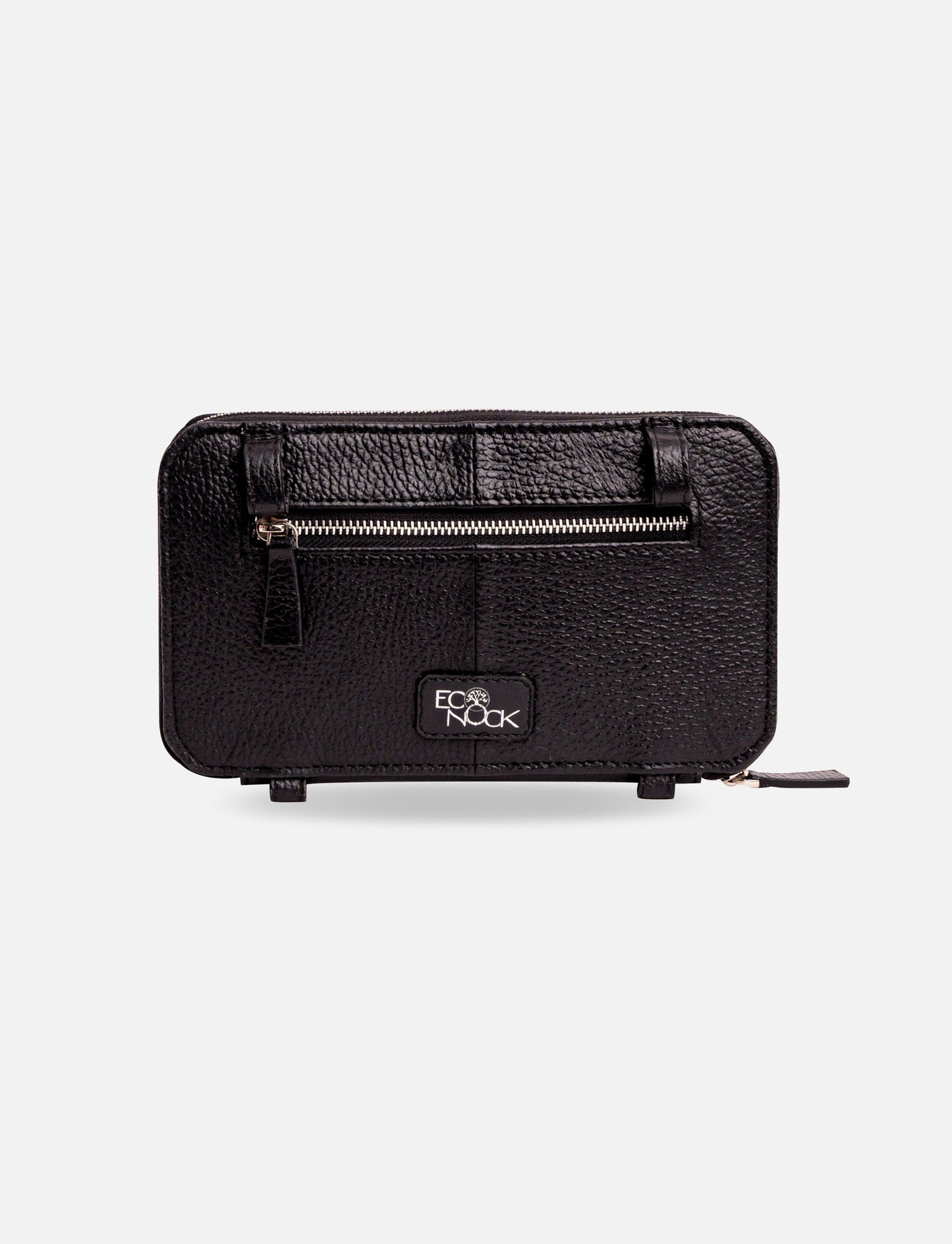 Black textured Ecocnock leather wallet with front zipper pocket and logo patch