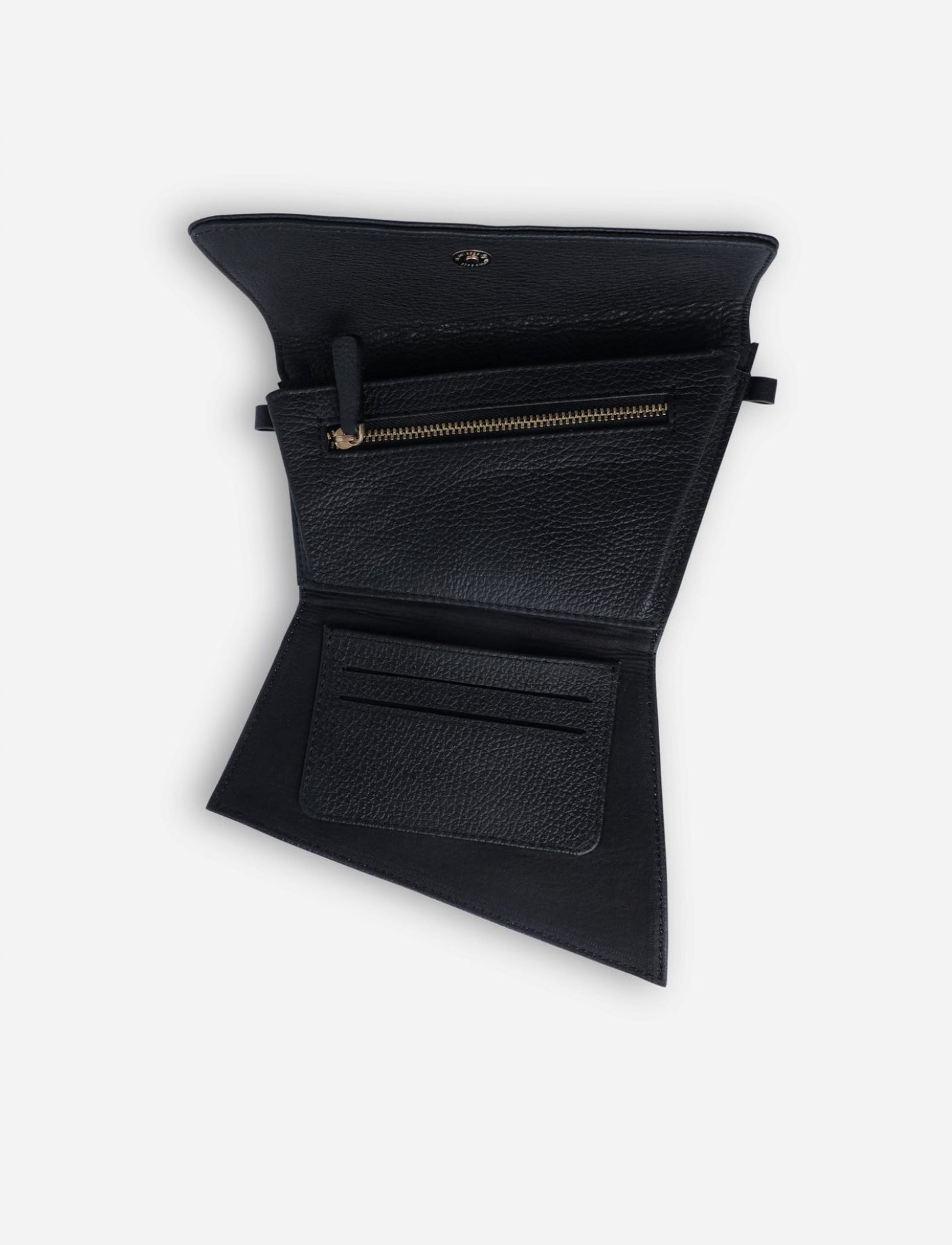 Black leather trifold wallet open showing zipper pocket and card slots on white background