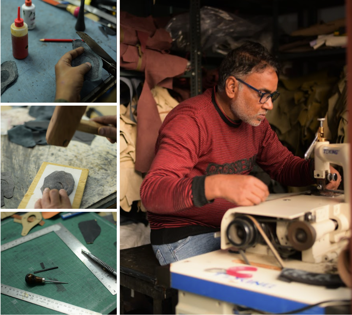 Collage of a person working with tools and a sewing machine, with close-up shots of hands and materials.