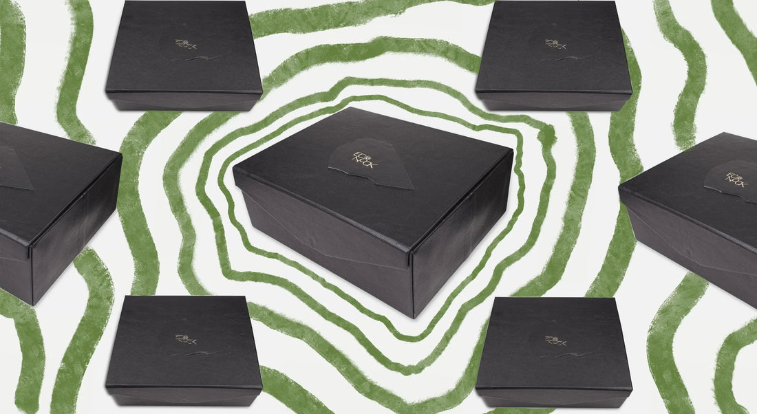 Multiple black Econock branded boxes on white background with green concentric circle pattern