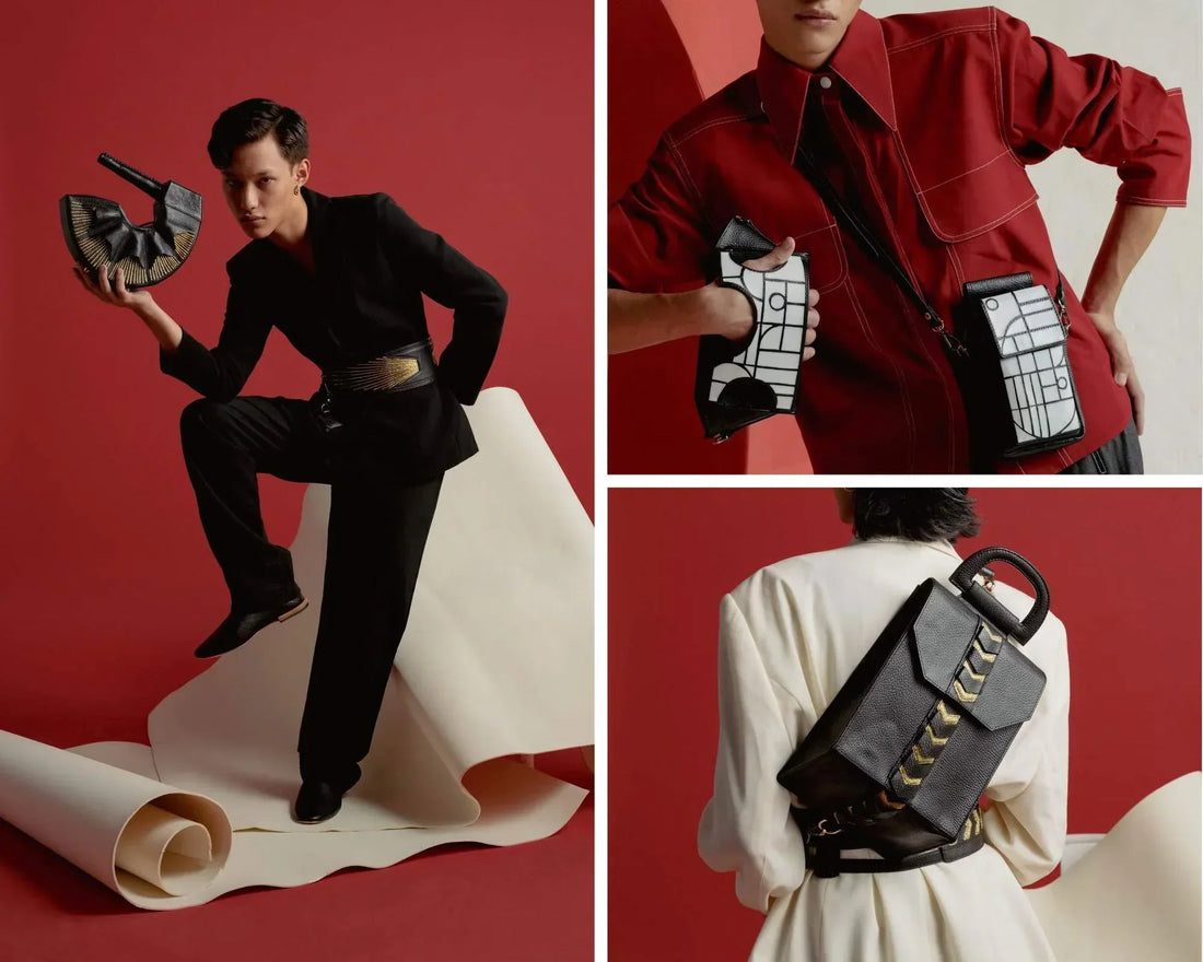 Fashion editorial with models showcasing black and white designer bags against red backdrop