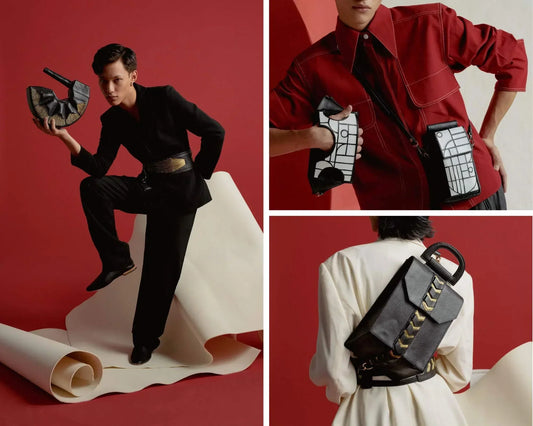 Fashion editorial with models showcasing black and white designer bags against red backdrop