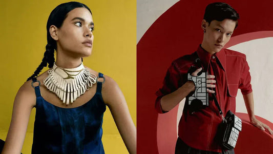 Two fashion models posing against colorful backgrounds; woman with braided hair and unique necklace, man in red shirt with geometric bags