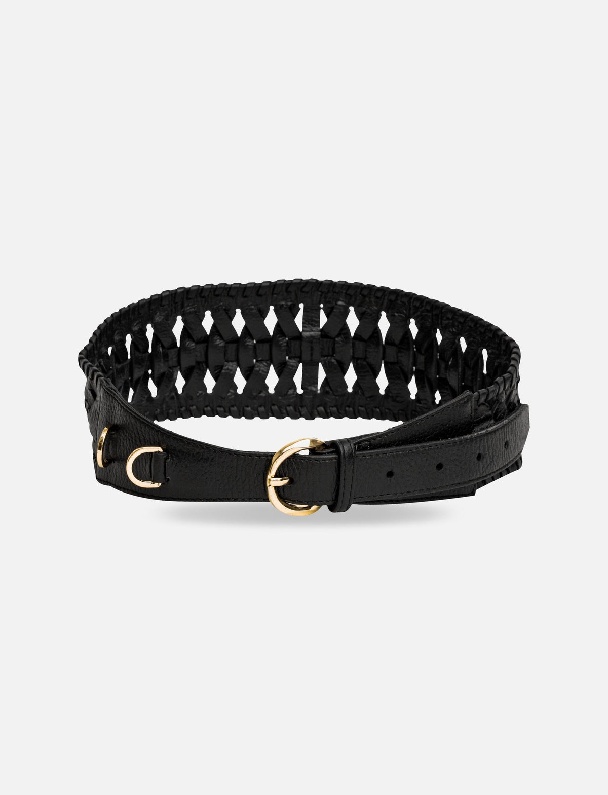Black leather belt with gold circular buckle and woven strap design