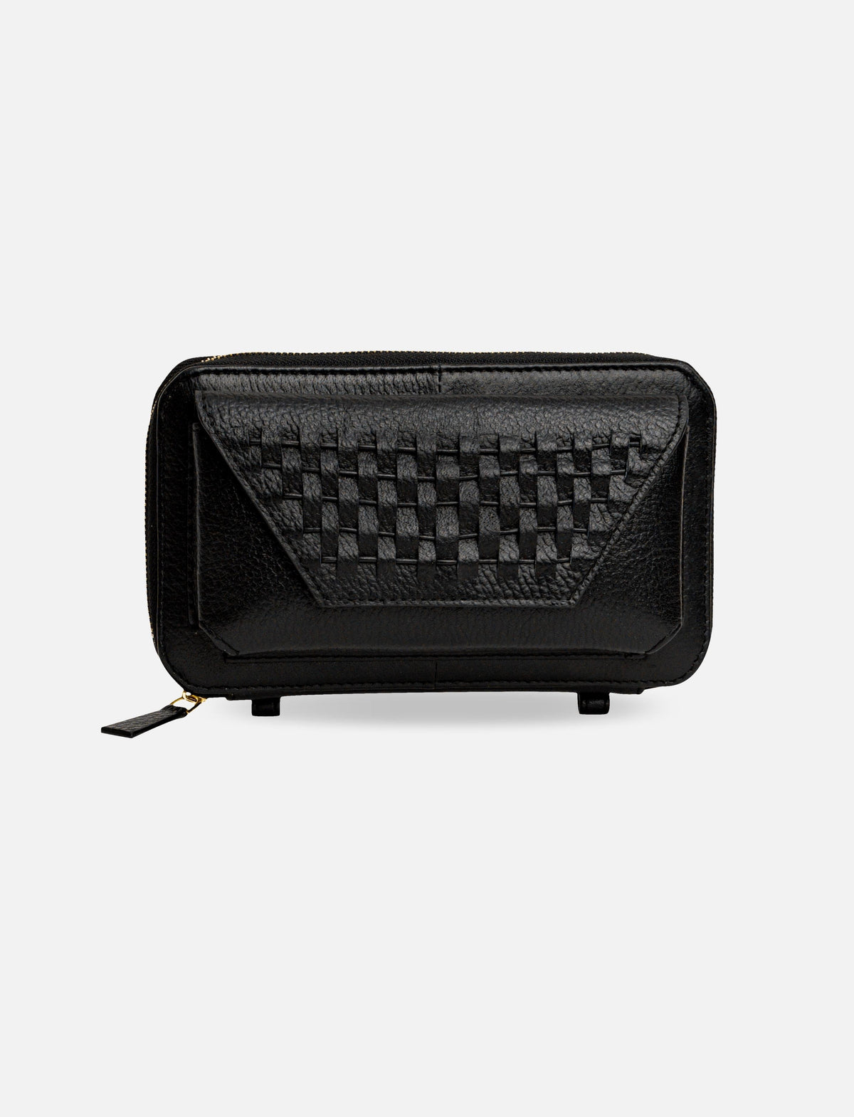 Black leather zip wallet with woven flap detail on front against white background