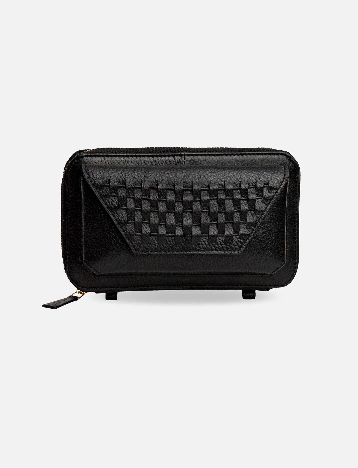 Black leather zip wallet with woven flap detail on front against white background