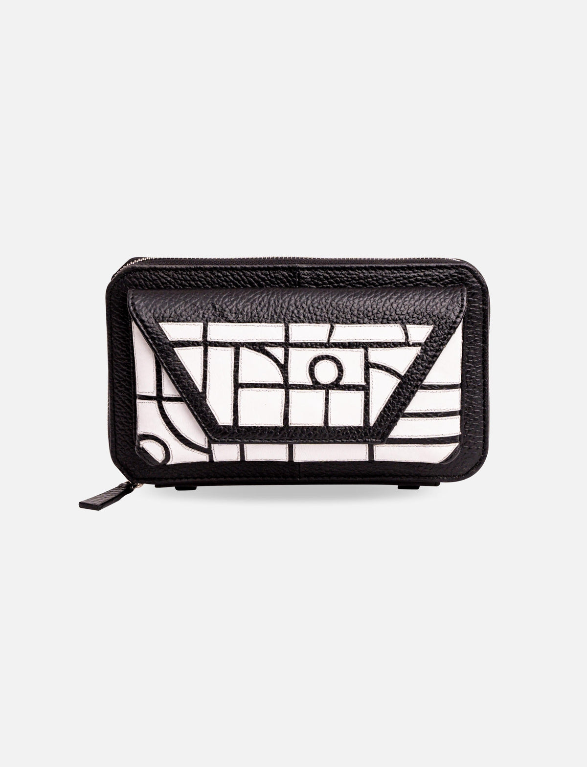 Black and white leather wallet with geometric stitched pattern and front flap pocket on white background