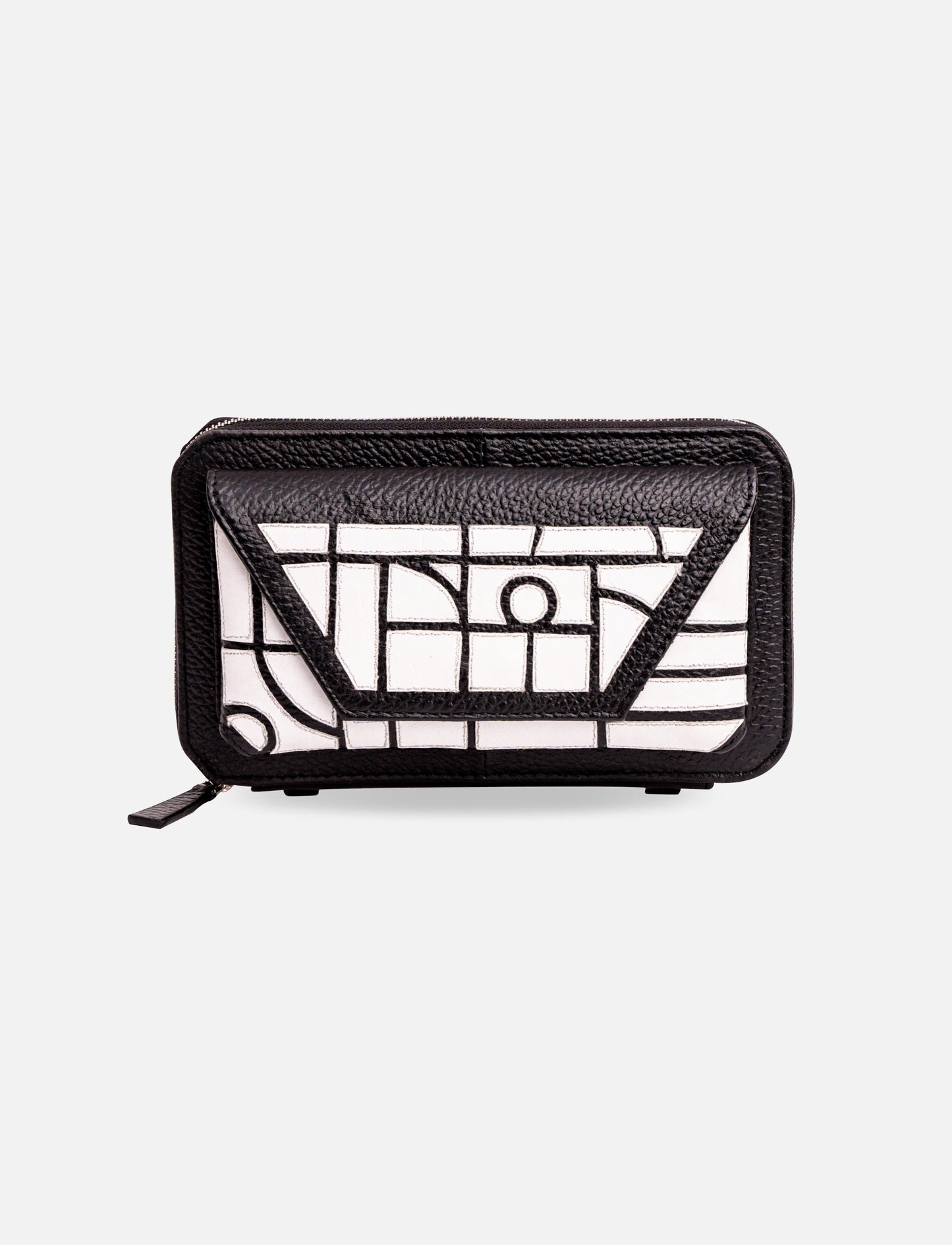 Black and white leather wallet with geometric stitched pattern and front flap pocket on white background