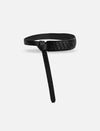 Black leather belt with woven textured detail and elongated tip on plain background