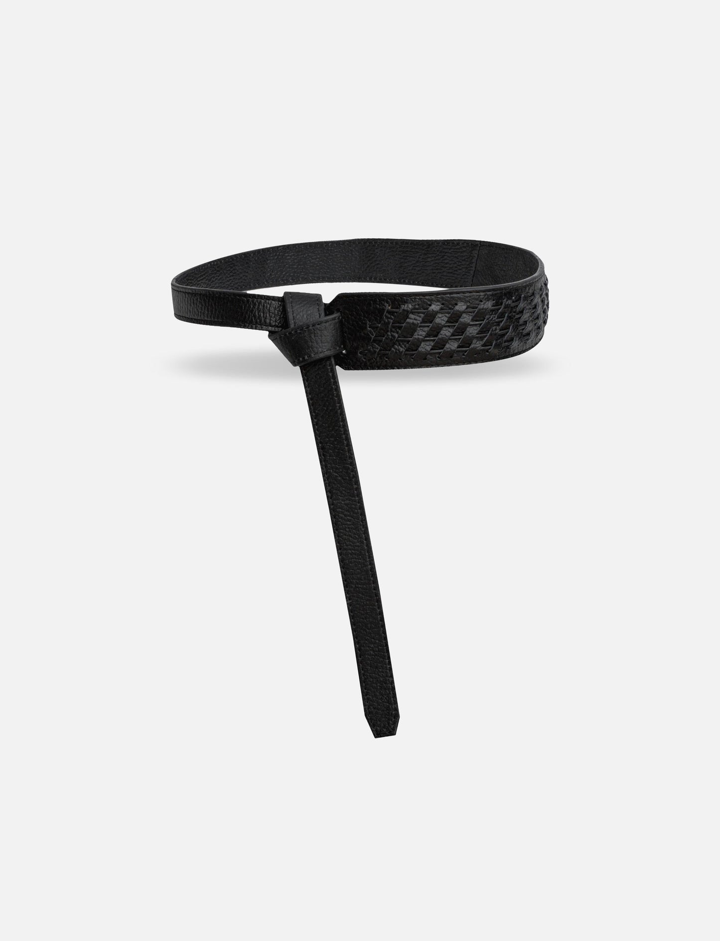 Black leather belt with woven textured detail and elongated tip on plain background