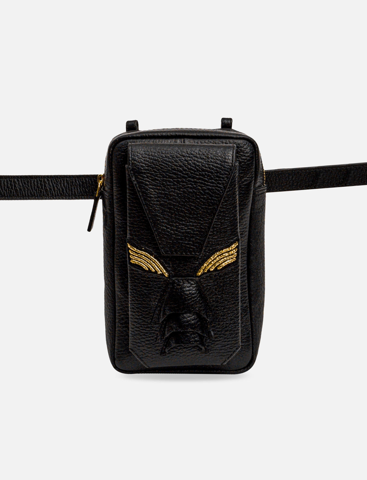 Black leather belt bag with embossed geometric monster face and gold embroidery details