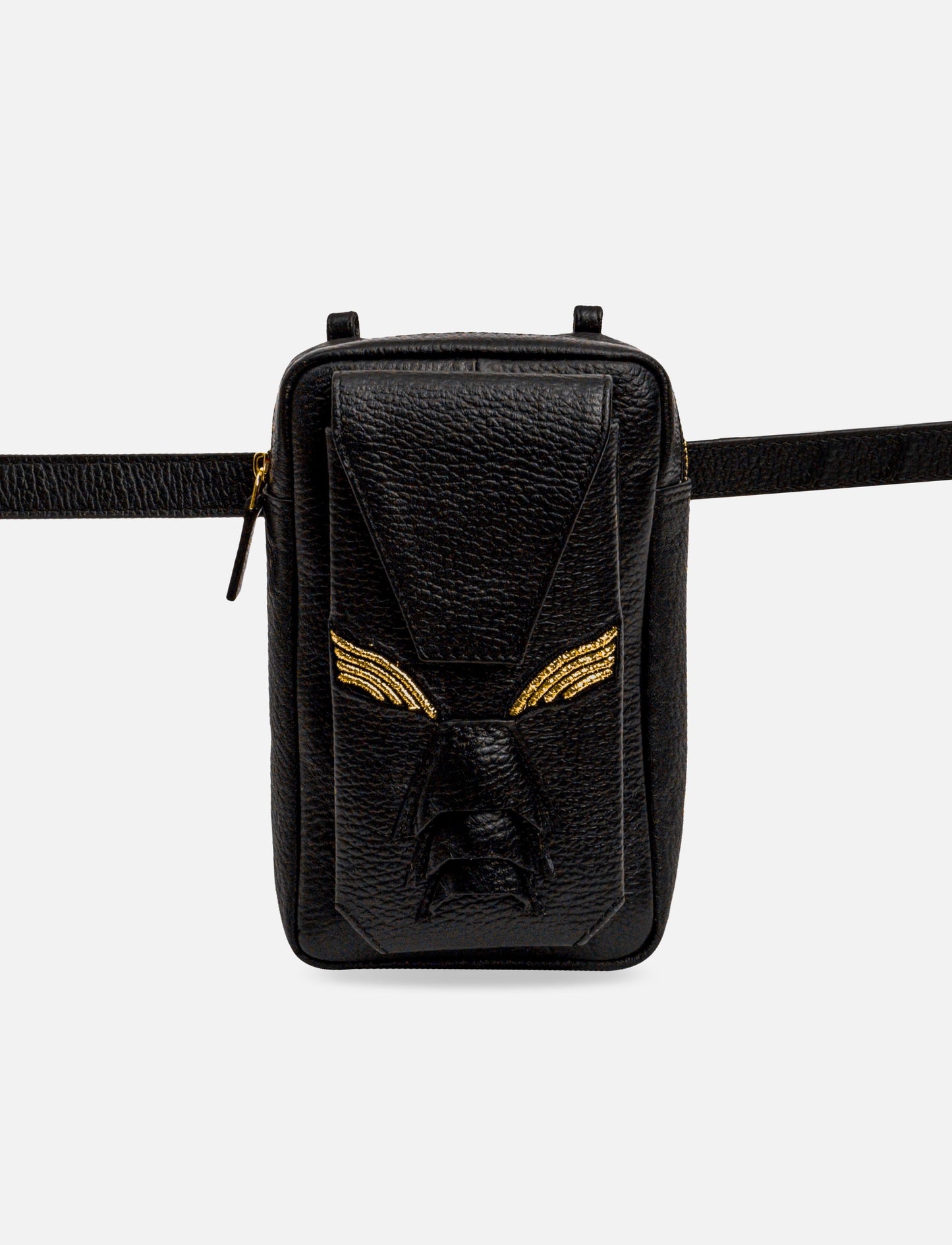 Black leather belt bag with embossed geometric monster face and gold embroidery details