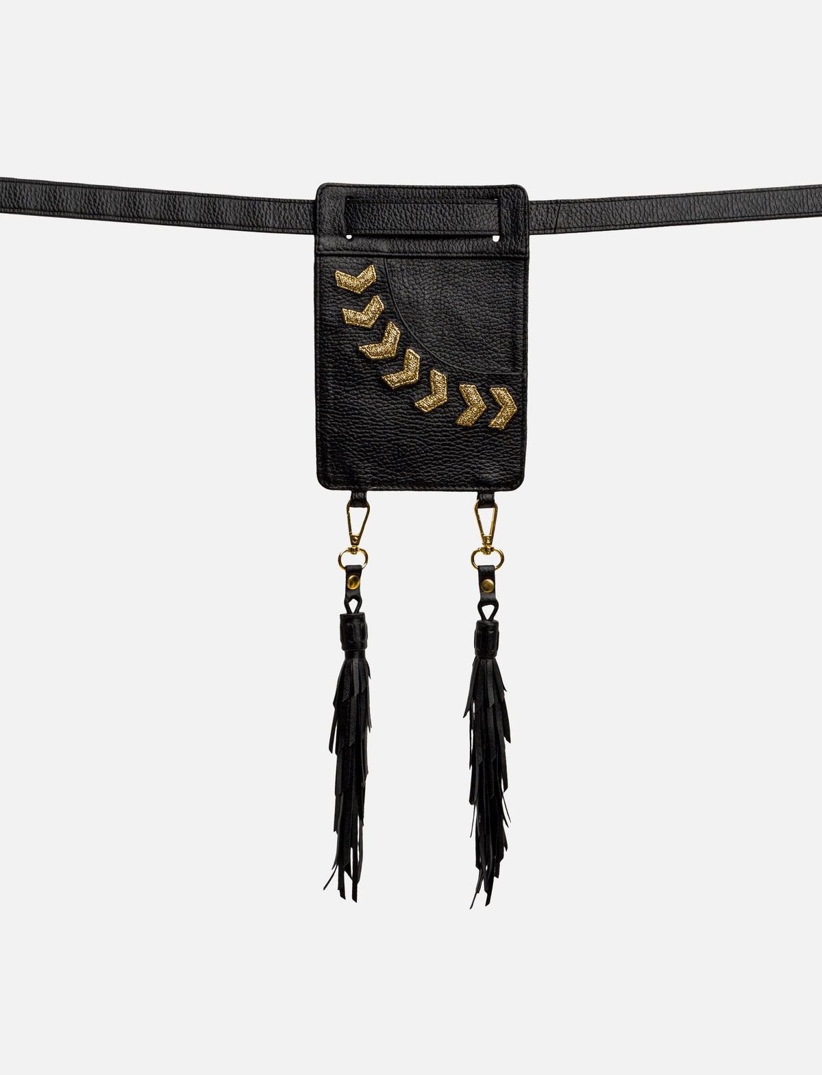 Black leather belt bag with gold arrow embellishments and long black fringe tassels