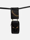 Black leather belt bag with gold chevron accents and embossed design on front pocket