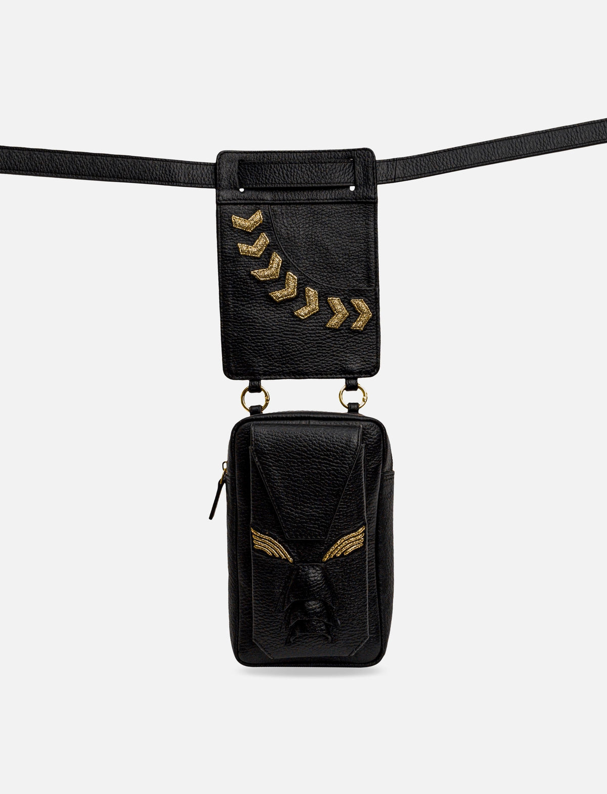 Black leather belt bag with gold chevron accents and embossed design on front pocket