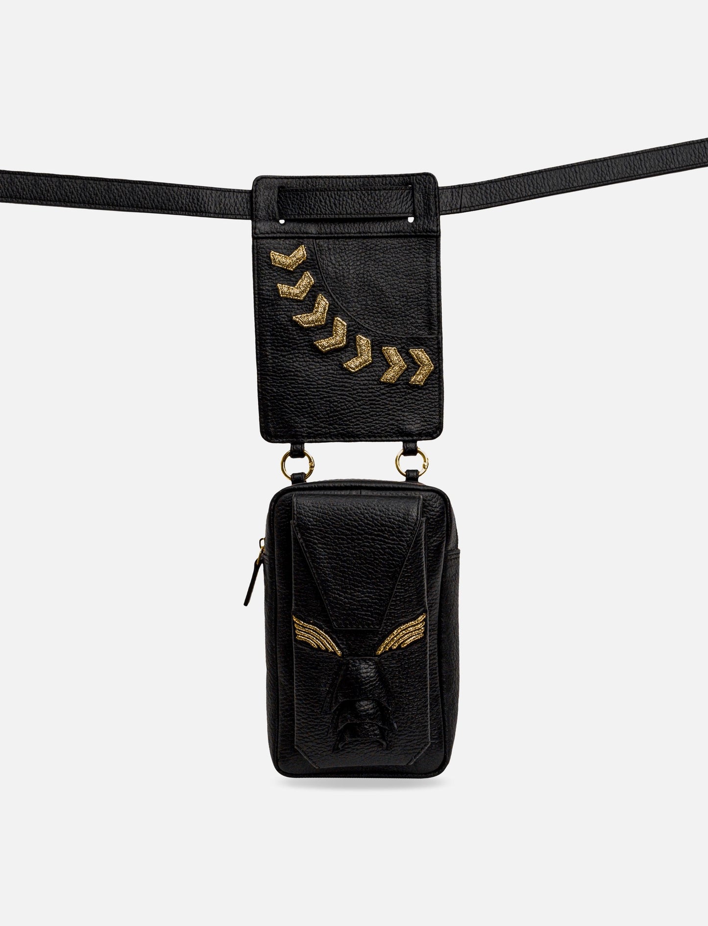 Black leather belt bag with gold chevron accents and embossed design on front pocket
