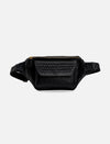 Black leather waist bag with woven texture and gold zipper on white background