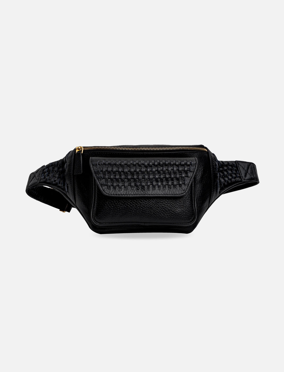 Black leather waist bag with woven texture and gold zipper on white background