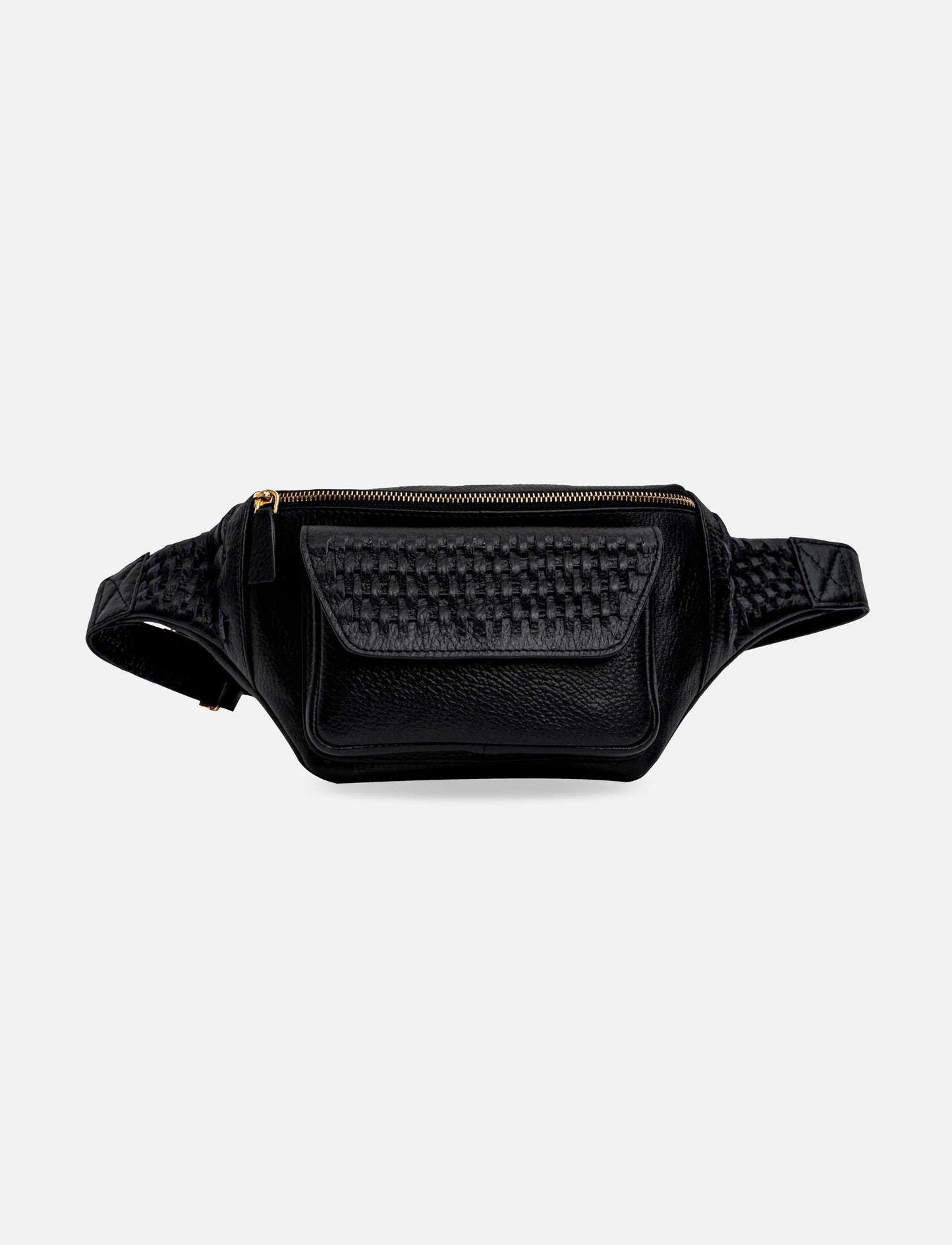 Black leather waist bag with woven texture and gold zipper on white background