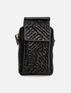 Black leather crossbody bag with textured woven pattern and gold zipper accents