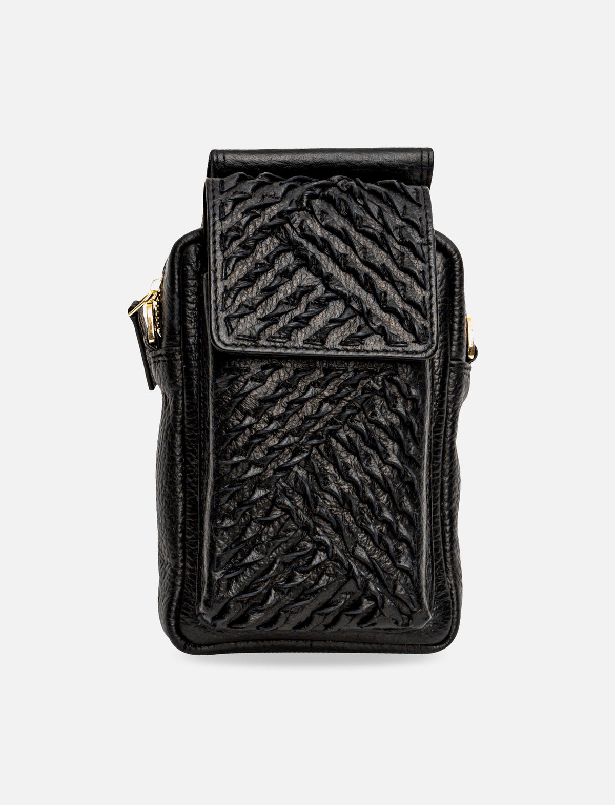 Black leather crossbody bag with textured woven pattern and gold zipper accents