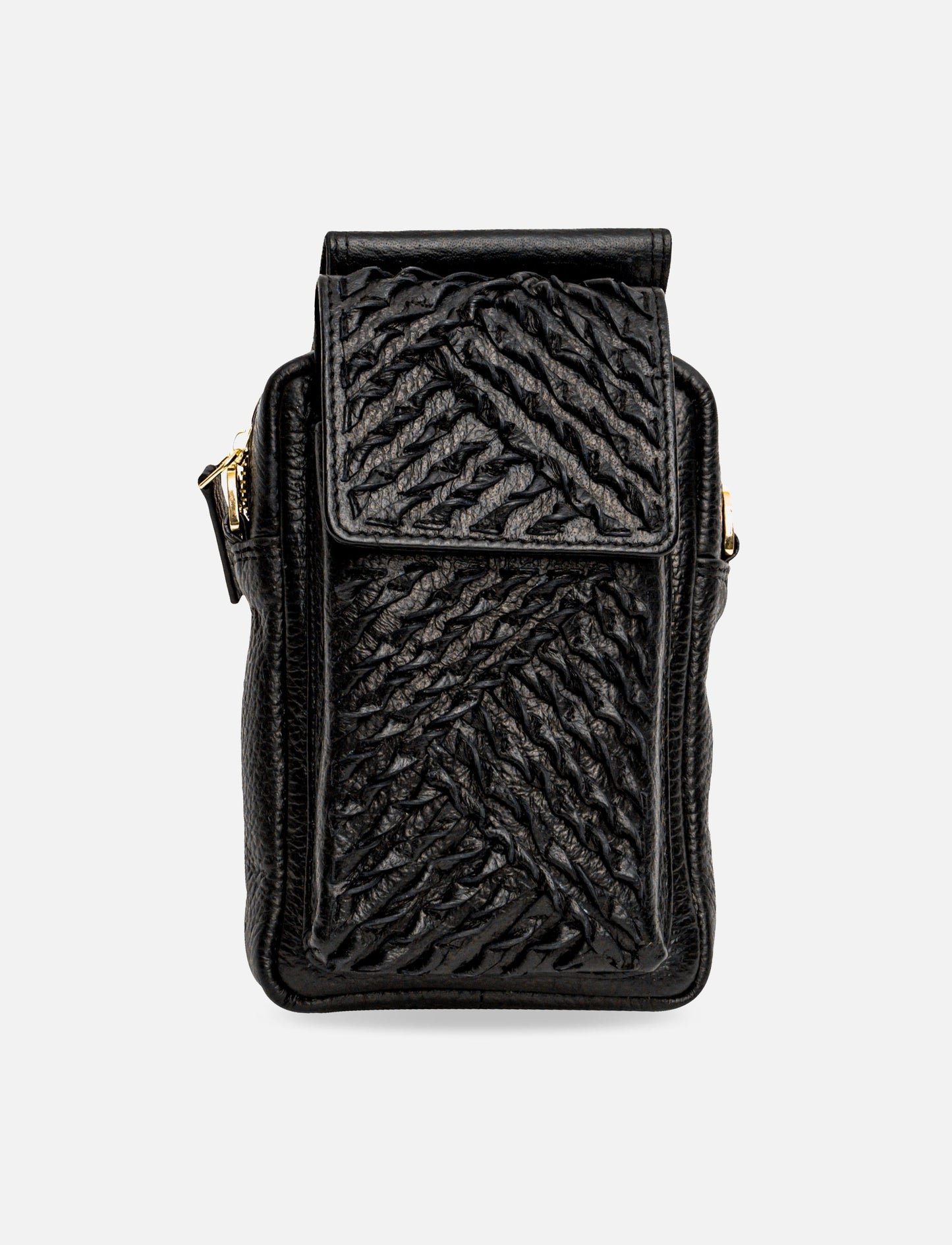 Black leather crossbody bag with textured woven pattern and gold zipper accents