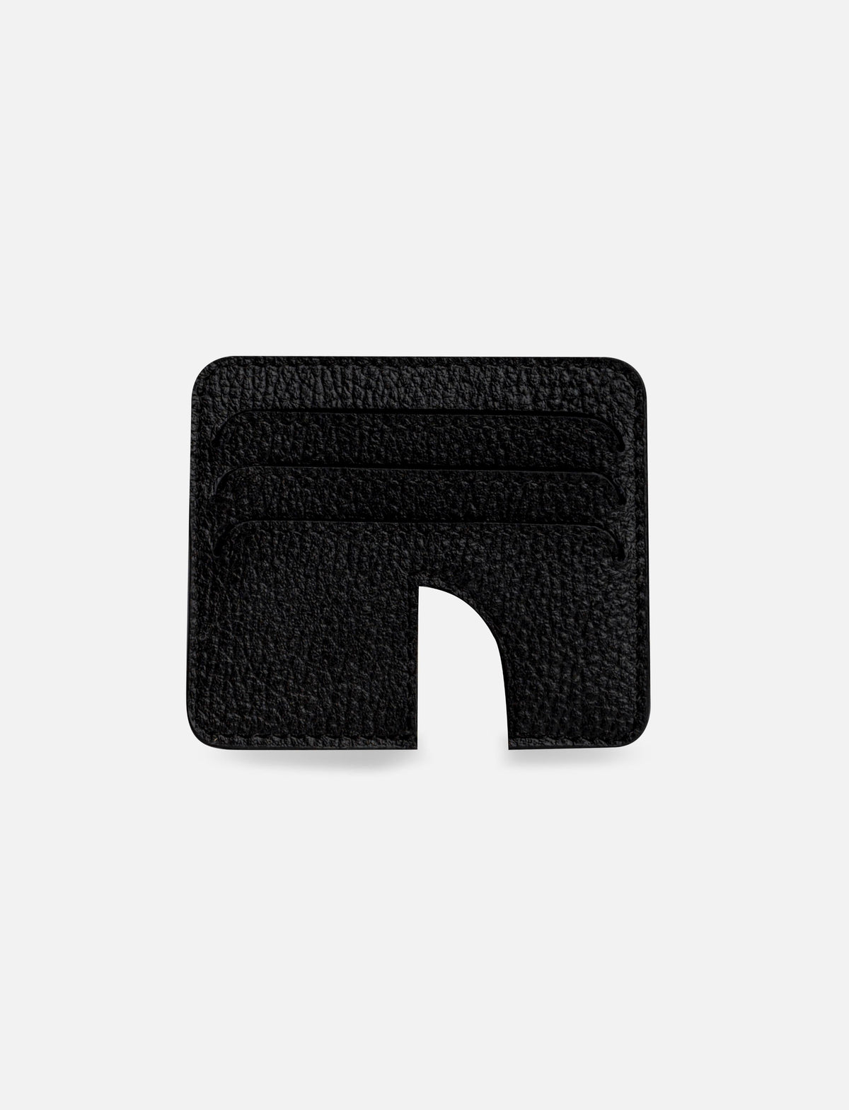 Minimalist black leather card holder with four slots and curved cutout on white background