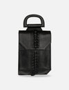 Black leather backpack with braided detailing and a rounded top handle on white background