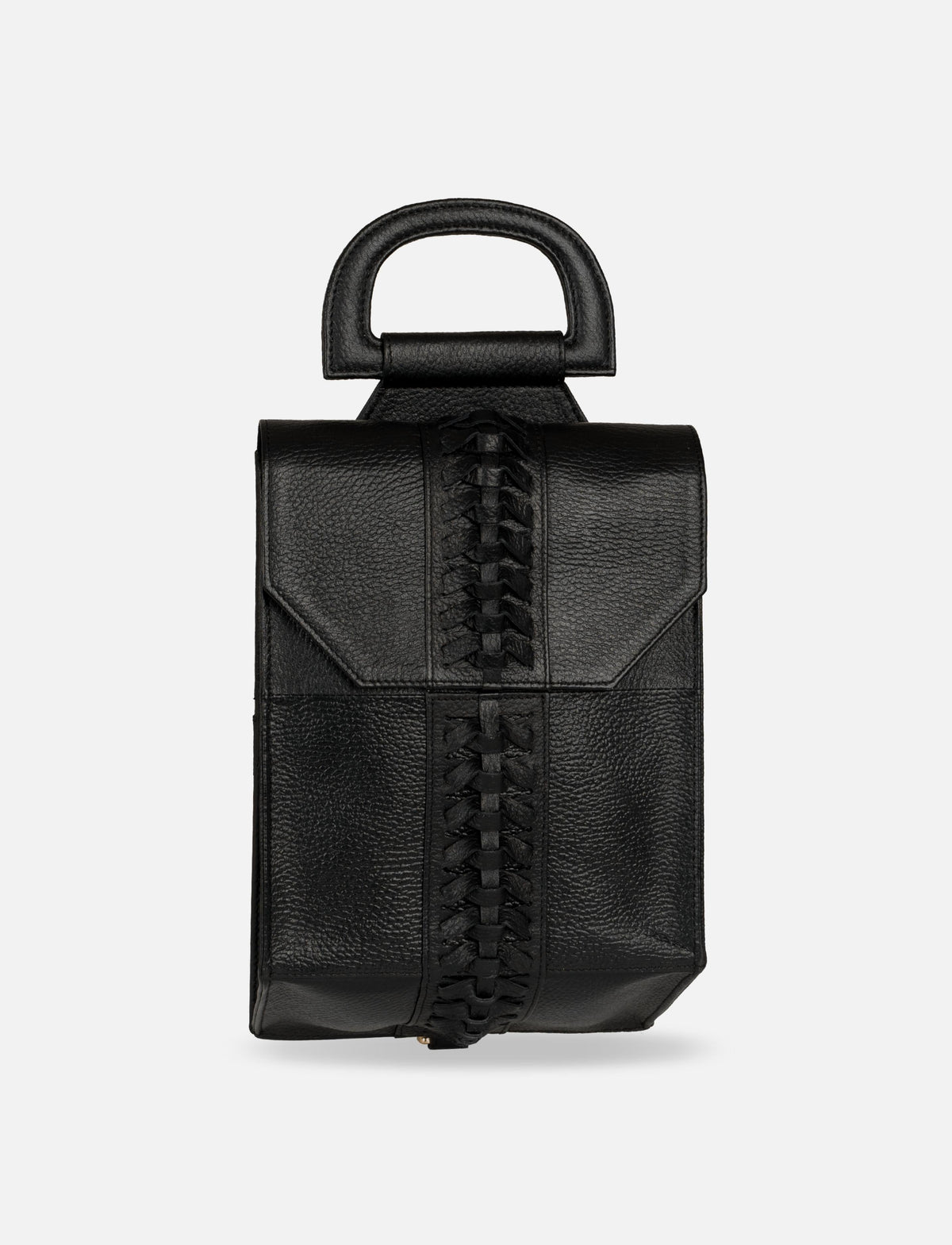 Black leather backpack with braided detailing and a rounded top handle on white background