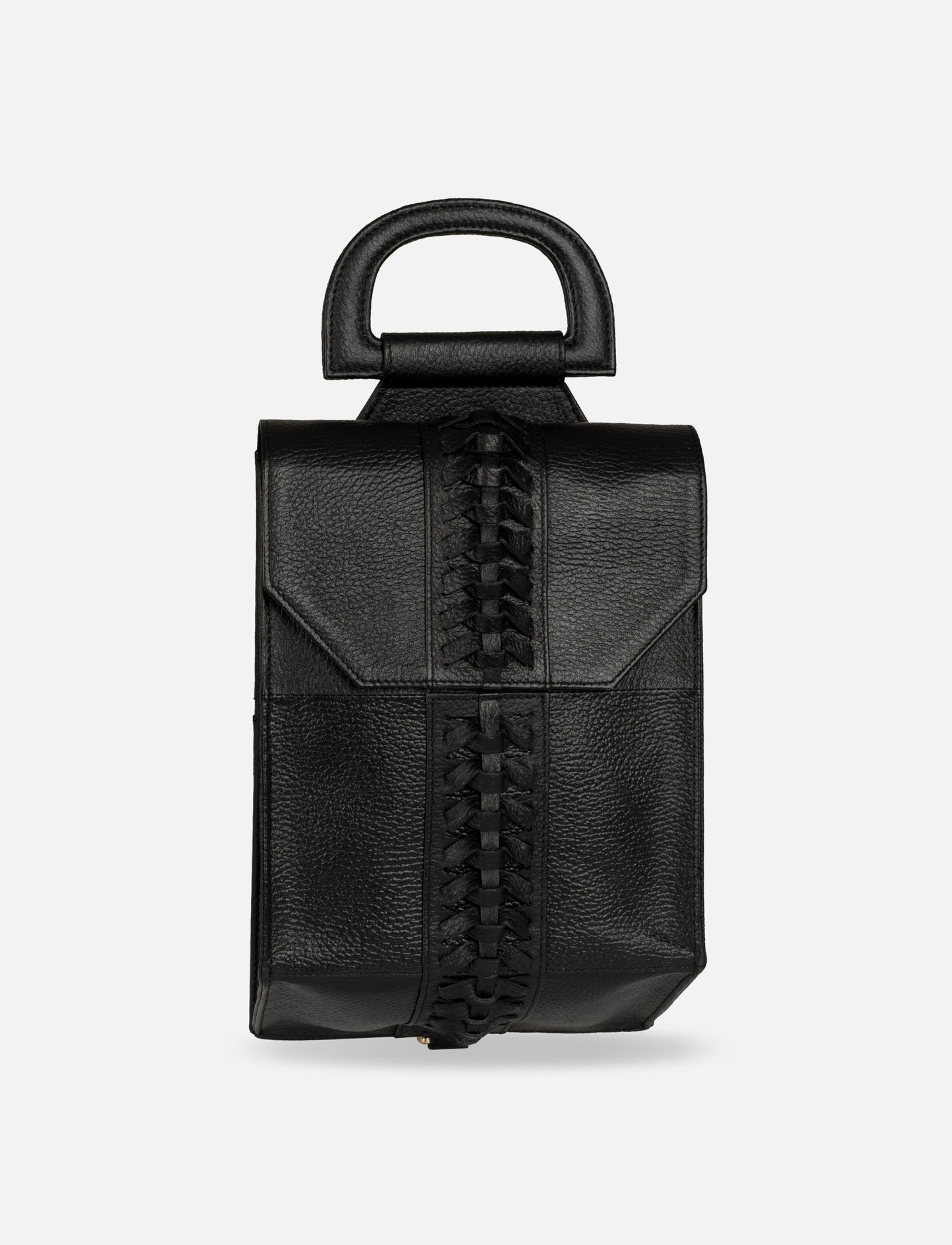 Black leather backpack with braided detailing and a rounded top handle on white background