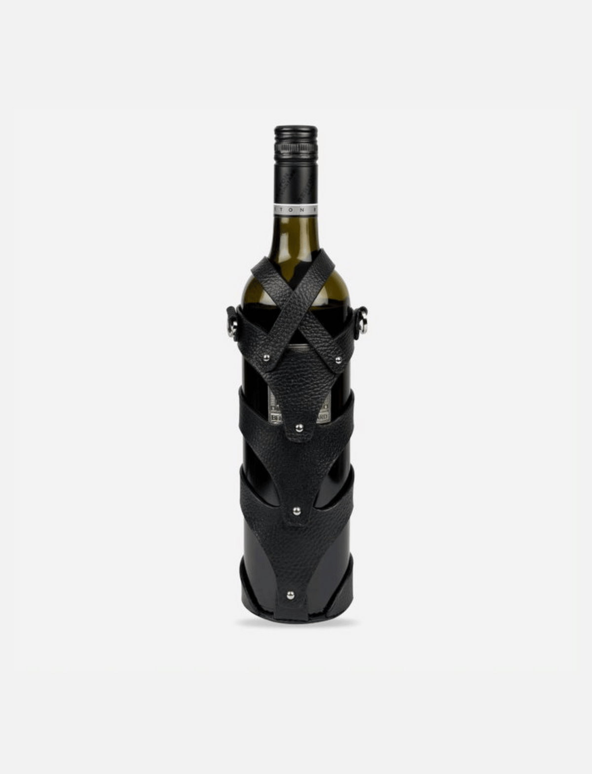 Green wine bottle wrapped in black stitched upcycled leather case with metal studs closure