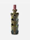 Wine bottle in upcycled olive leather stitched carrying case with straps and metal studs