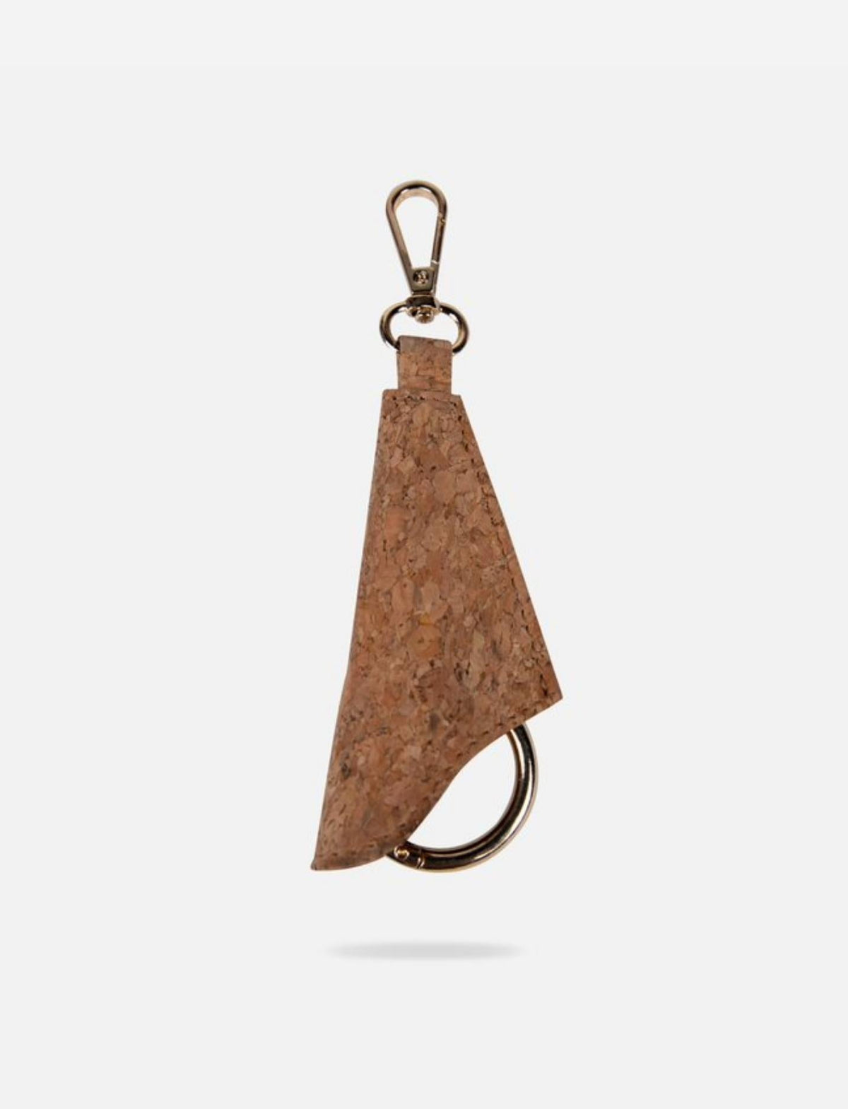 Handcrafted cork keychain with gold-tone clasp and ring on white background