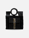 Black canvas tote bag with round leather handles and front pocket with gold chevron details