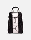 Black leather backpack with white geometric pattern and top handle on white background