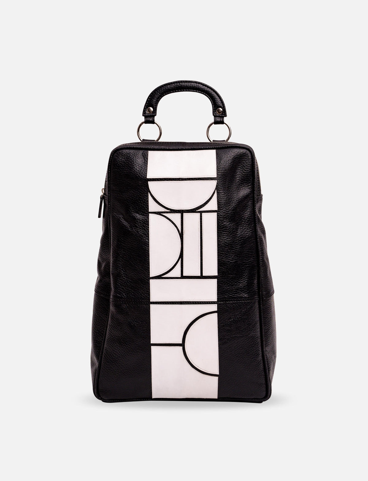 Black leather backpack with white geometric pattern and top handle on white background