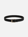black leather belt with woven pattern and silver buckle on white background