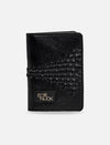 Black leather wallet with woven detail and EcoNock branded patch on front